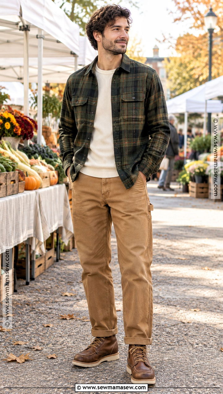 Fall Flannel Overshirt and Carpenter Pants Outfit - 20 fall male outfits
