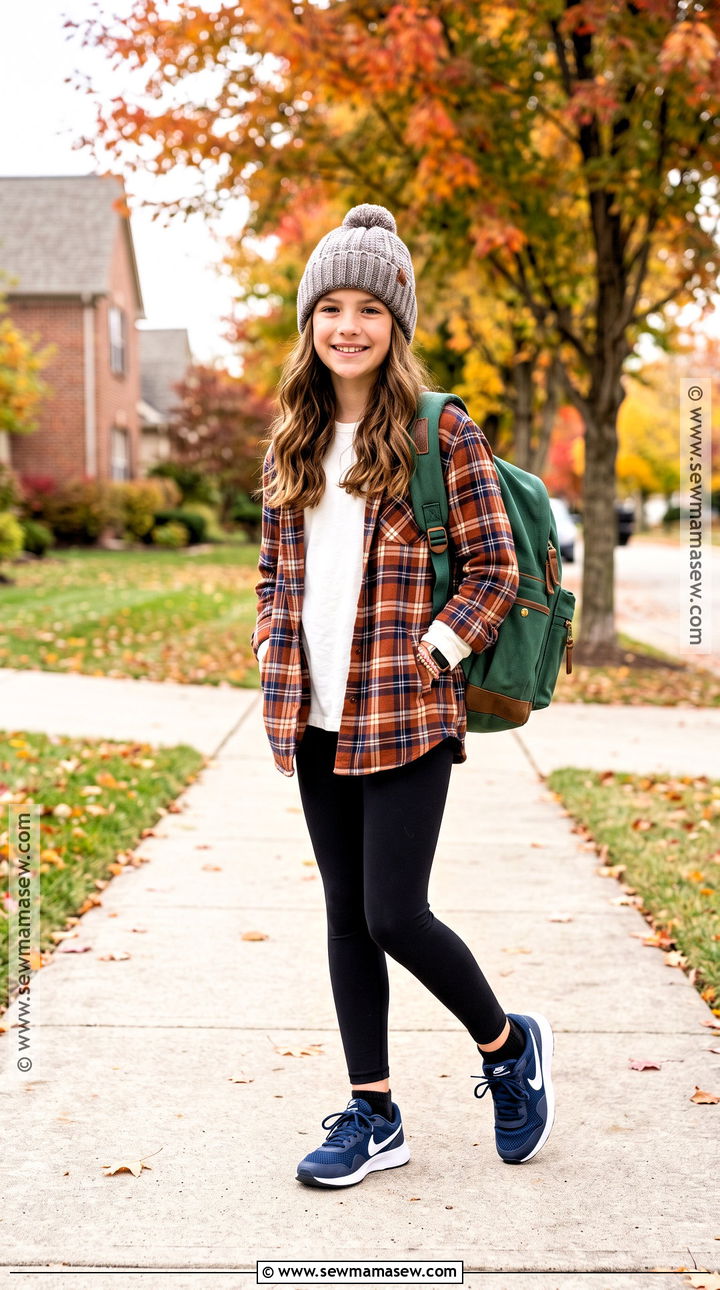 Fall Flannel Shirt And Black Leggings Outfit - 15 pre teen girl outfits fall