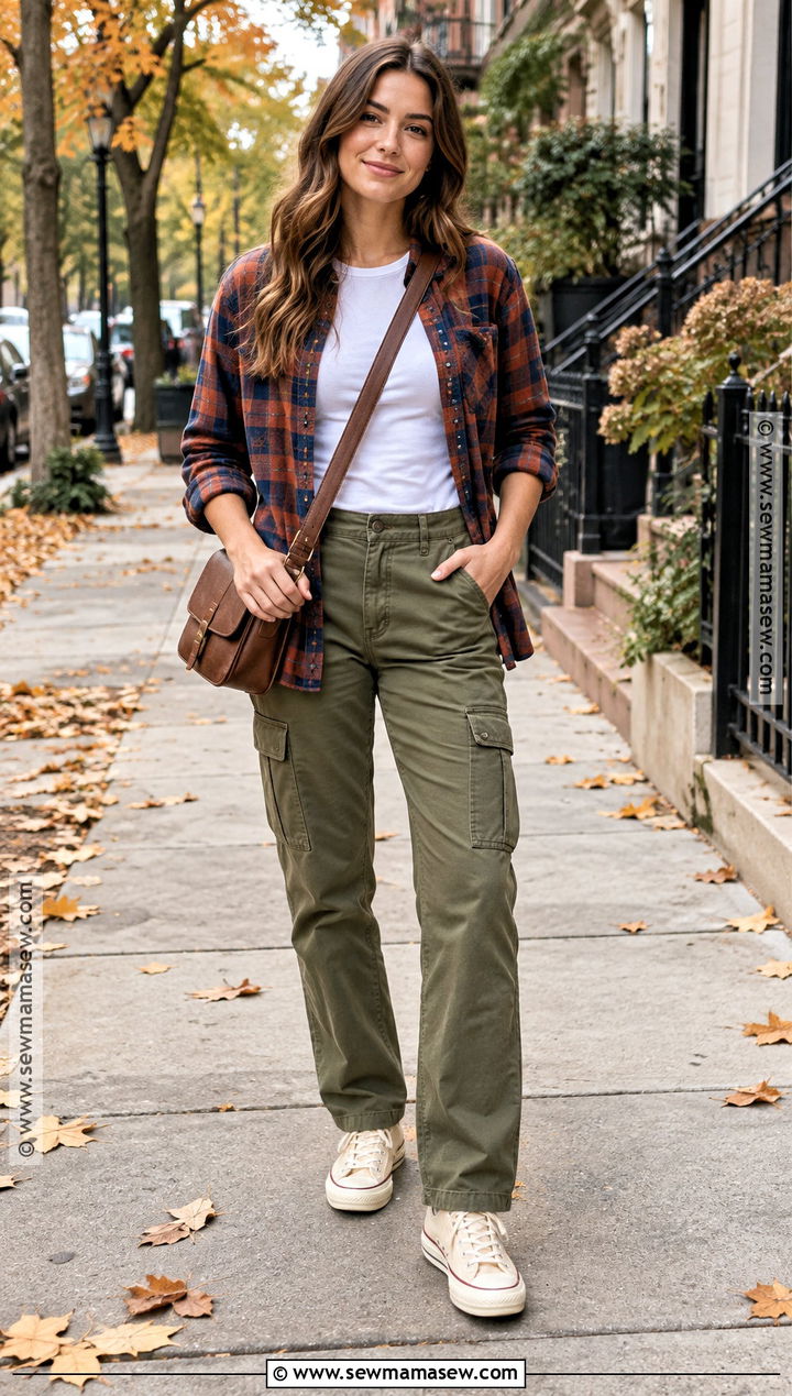 Fall Flannel Shirt Outfit With T Shirt And Cargo Pants - 15 layering clothes for fall