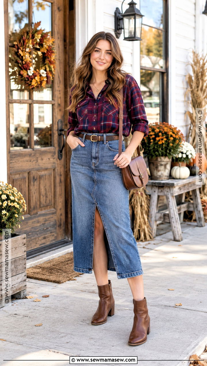 Fall Flannel Shirt With Denim Skirt And Boots - 30 cute fall outfits