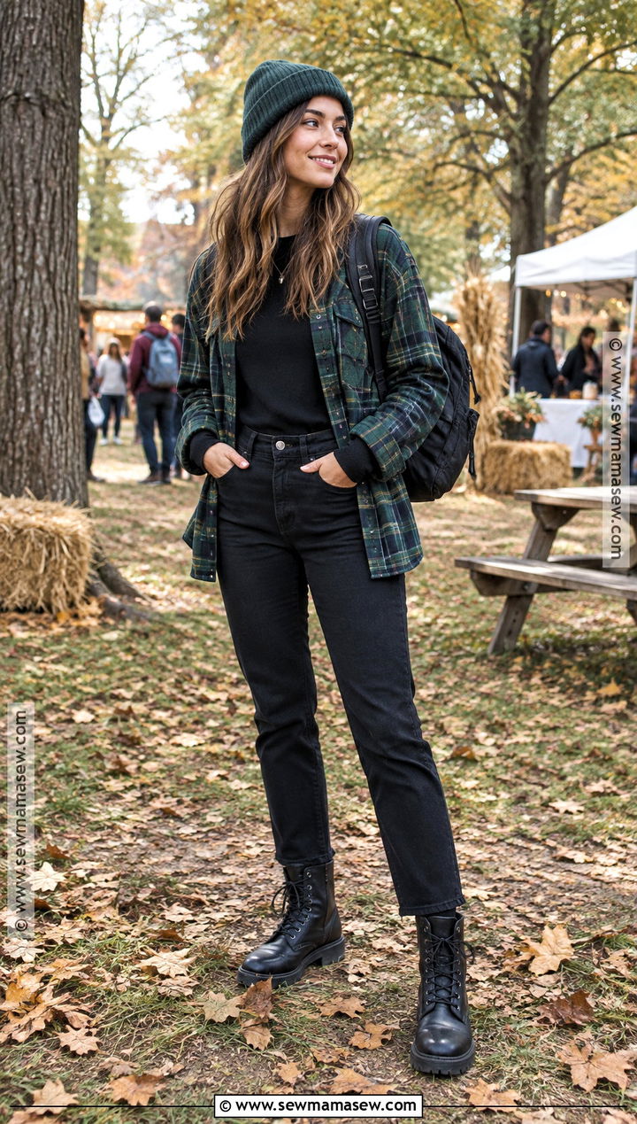 Fall Flannel Shirt and Black Jeans Outfit - 15 fall hangout outfit ideas
