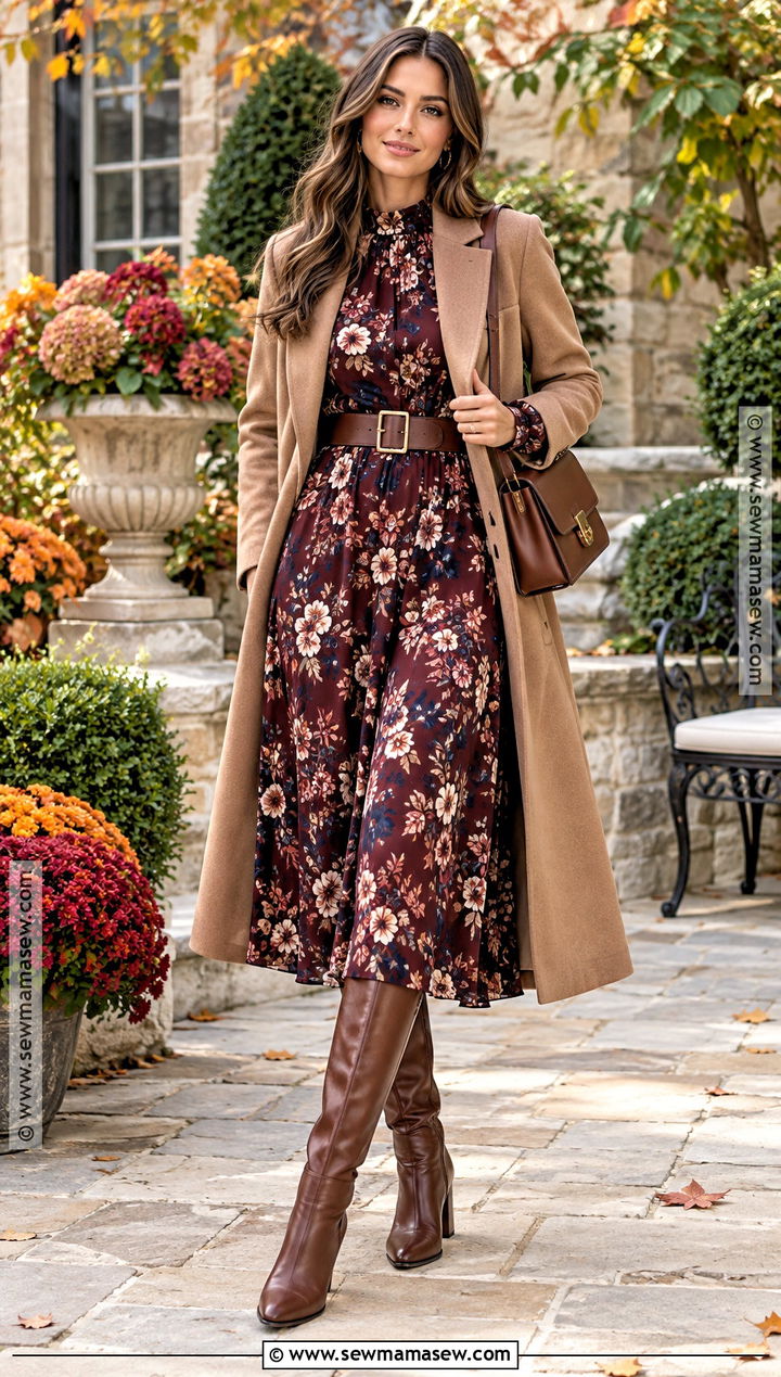 Fall Floral Dress And Boots Outfit - 25 fall clothes for women