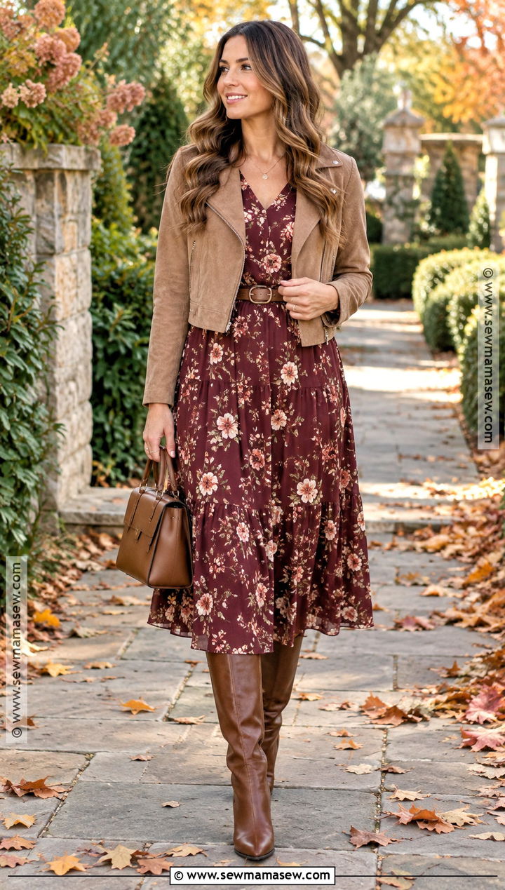 Fall Floral Dress And Boots Outfit - 20 Outfits Inspo Fall