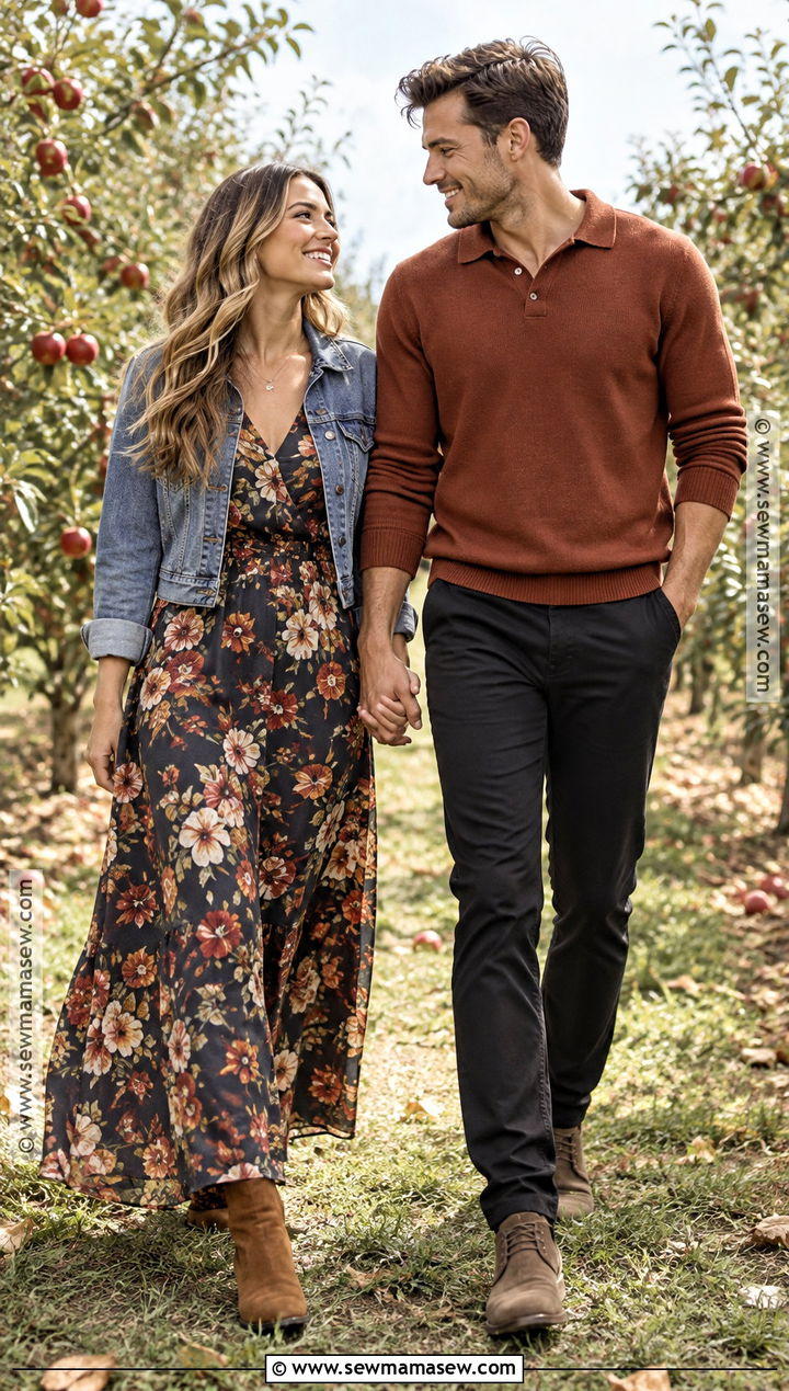 Fall Floral Dress And Denim Jacket Couple Outfit - 15 couple photoshoot fall outfit ideas