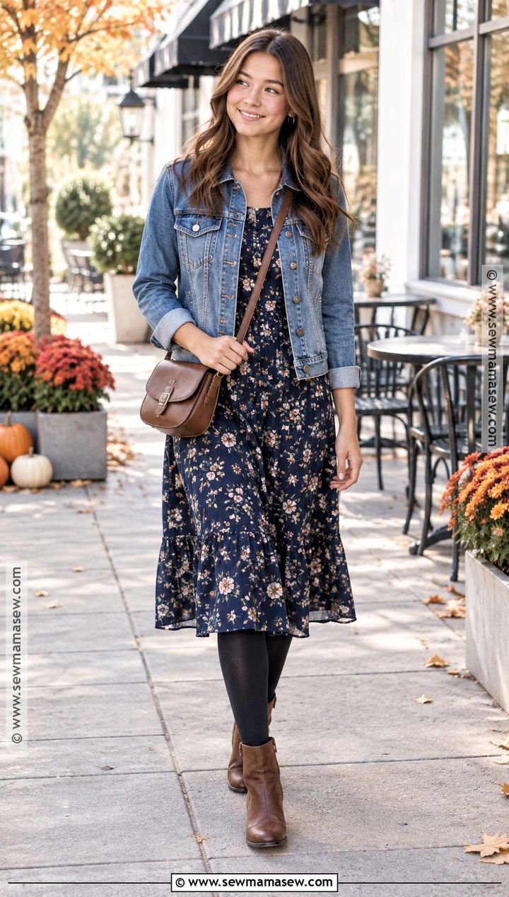 Fall Floral Dress And Denim Jacket Outfit - 15 fall fashion inspiration ideas for teens