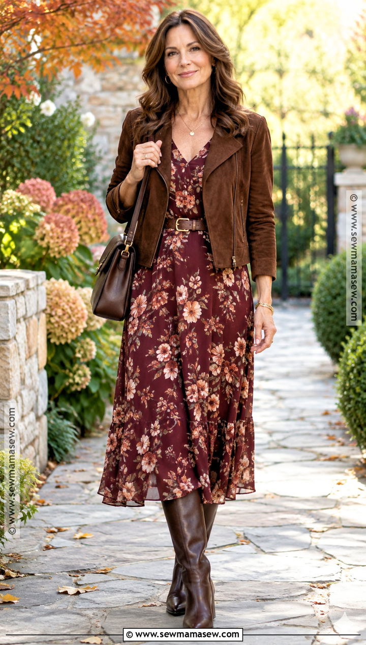 Fall Floral Dress And Suede Jacket Outfit - 20 fits for fall