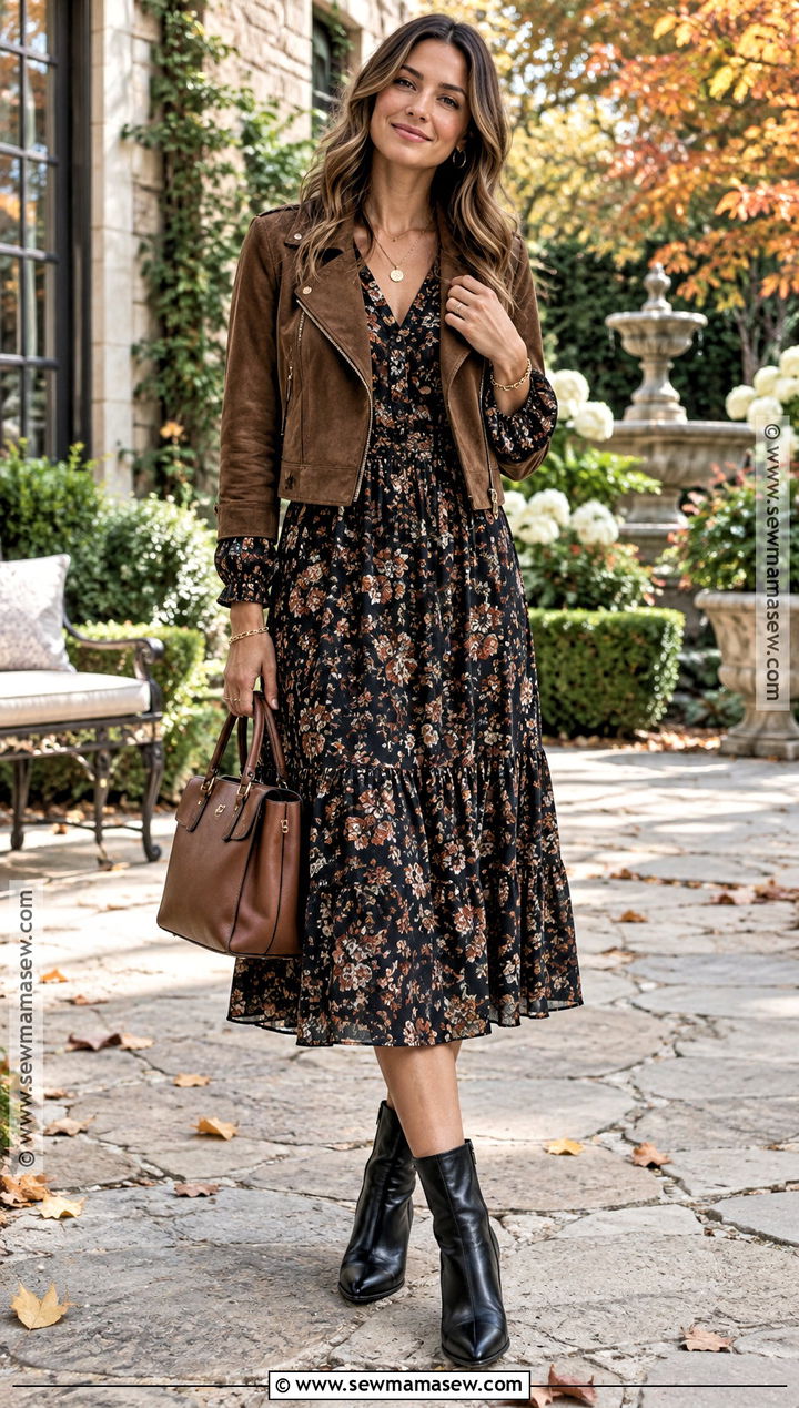 Fall Floral Dress Outfit With Ankle Boots - 15 womens fall outfit ideas