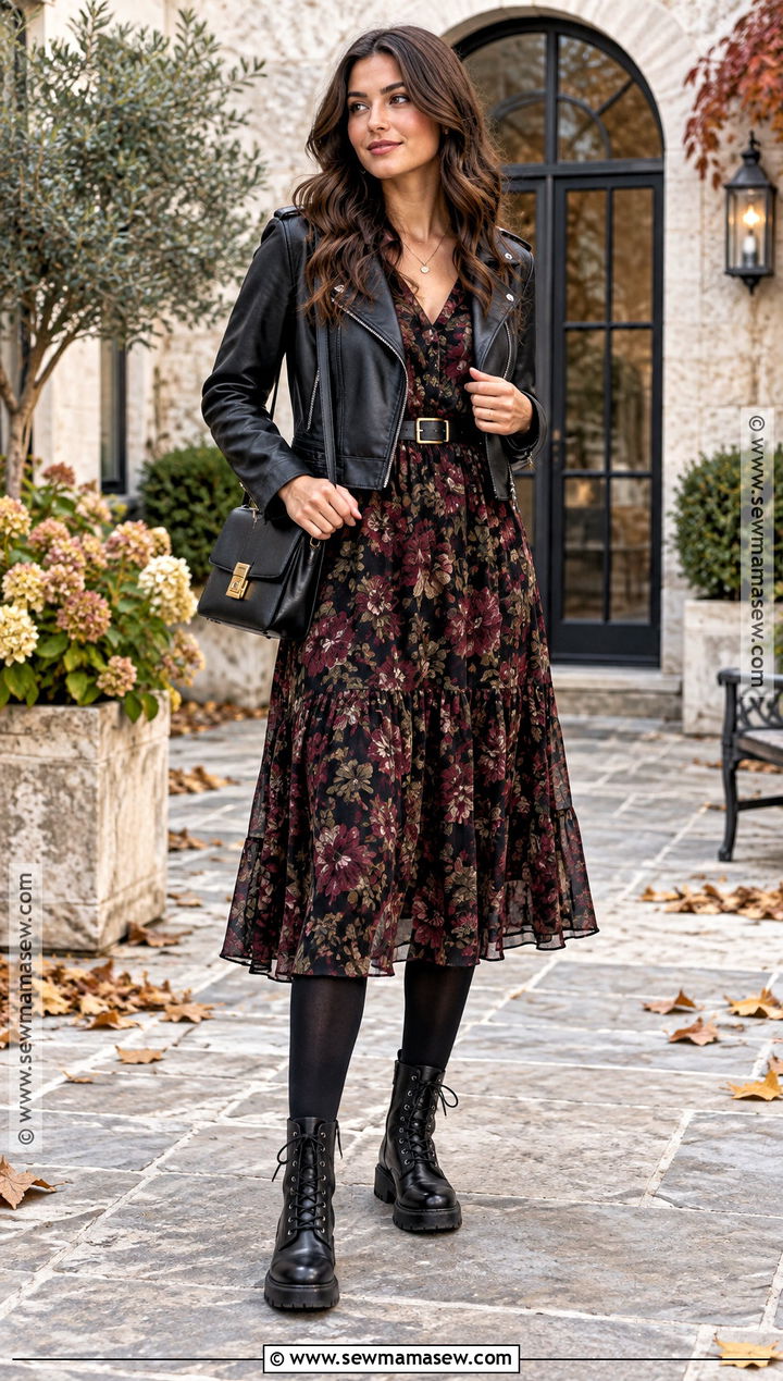 Fall Floral Dress Outfit With Leather Jacket - 20 fall aesthetic fashion ideas