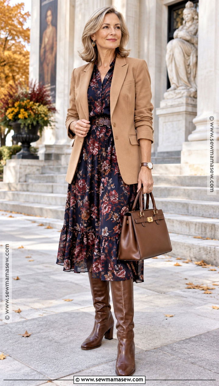 Fall Floral Dress Over 50 With Camel Blazer - 15 Fall Flower Dress Outfit Ideas