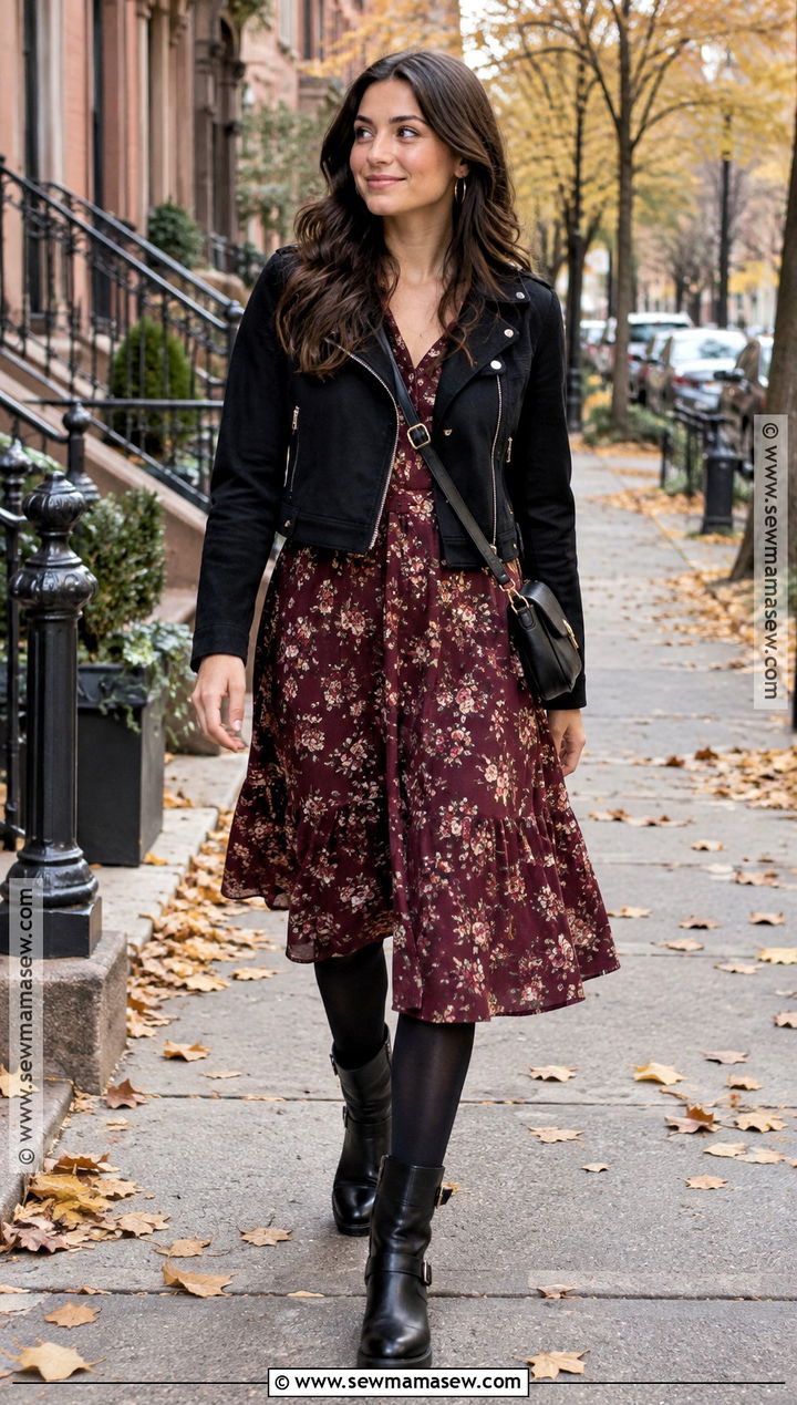 Fall Floral Dress With Biker Boots - 15 Fall Boots With Dress