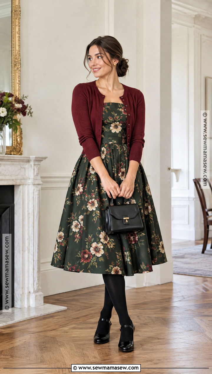 Fall Floral Dress With Cropped Cardigan And Mary Janes - 20 fall floral dress ideas