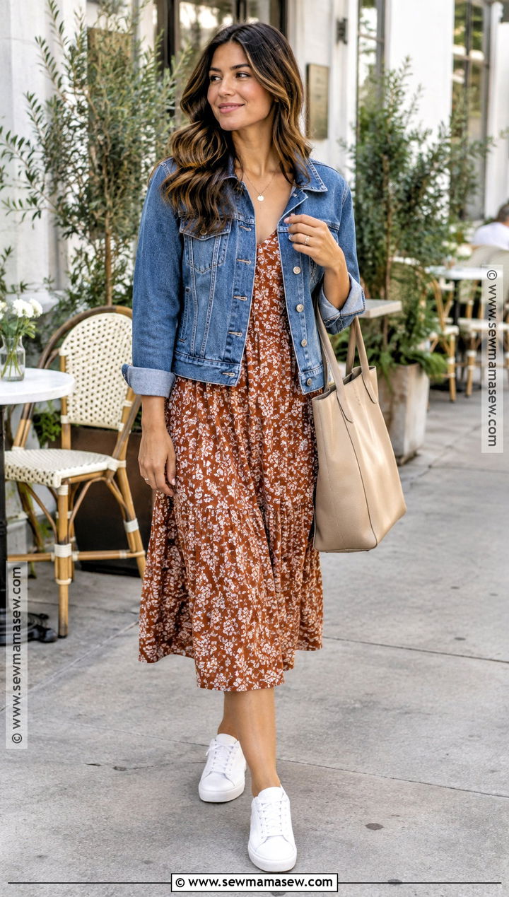Fall Floral Dress With Denim Jacket And Sneakers - 20 fall floral dress ideas