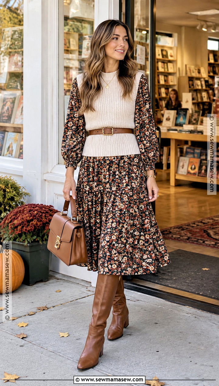 Fall Floral Dress With Knit Vest And Knee Boots - 15 Fall Flower Dress Outfit Ideas