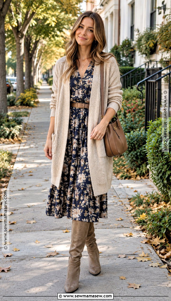 Fall Floral Dress With Long Cardigan And Tall Boots - 20 fall floral dress ideas