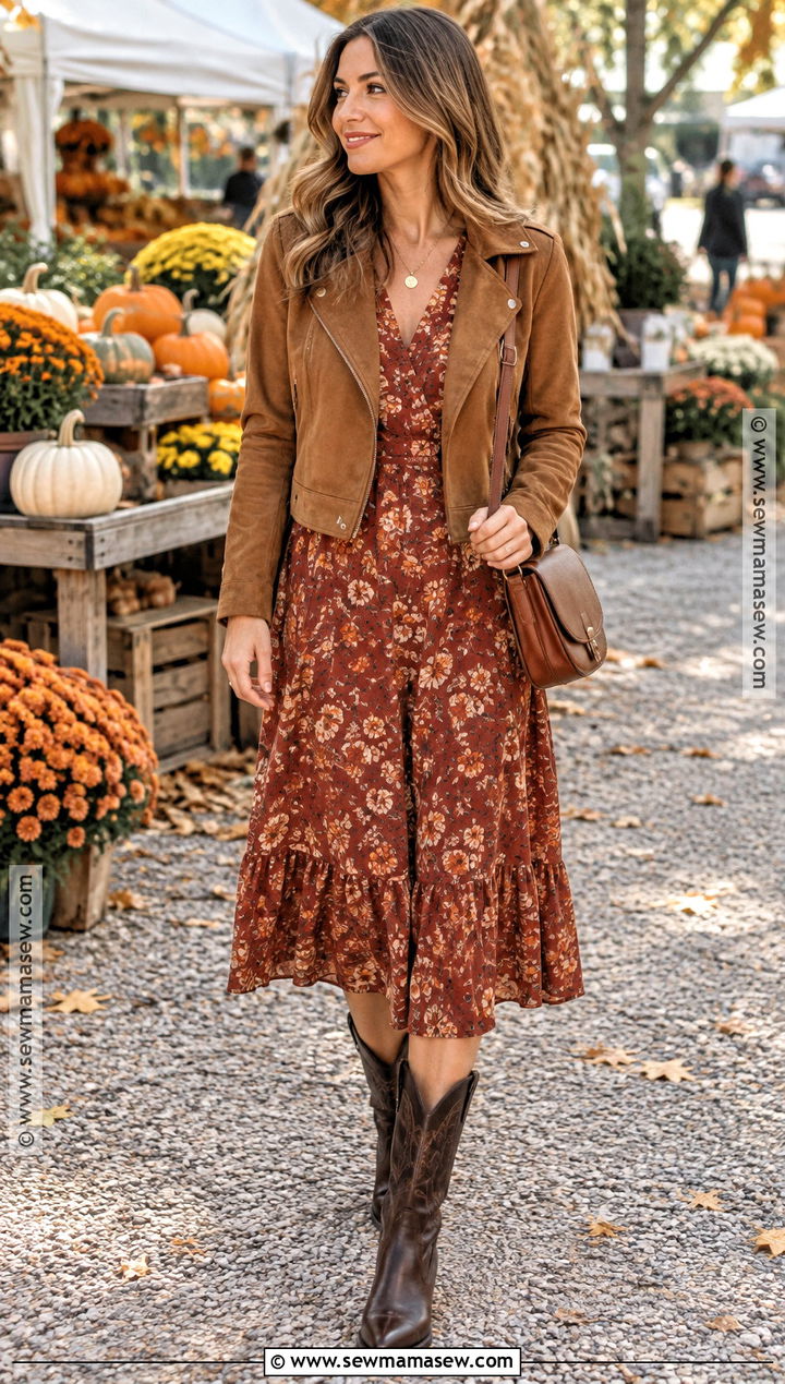 Fall Floral Dress With Suede Jacket And Western Boots - 20 fall floral dress ideas