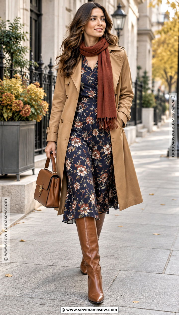 Fall Floral Dress With Trench Coat And Knee High Boots - 20 fall floral dress ideas