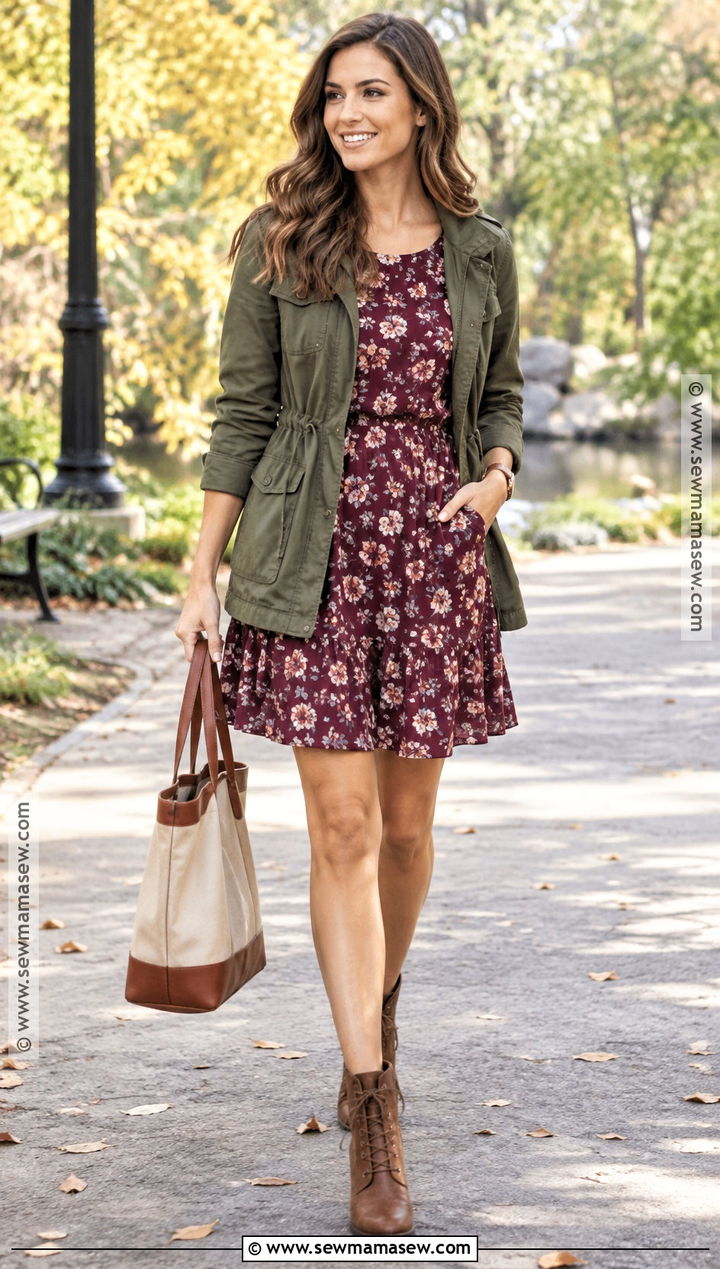 Fall Floral Dress With Utility Jacket And Lace Up Boots - 20 fall floral dress ideas