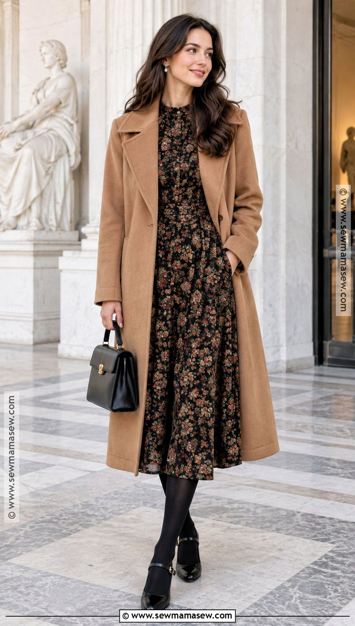 Fall Floral Dress With Wool Coat And Mary Janes - 15 Fall Flower Dress Outfit Ideas