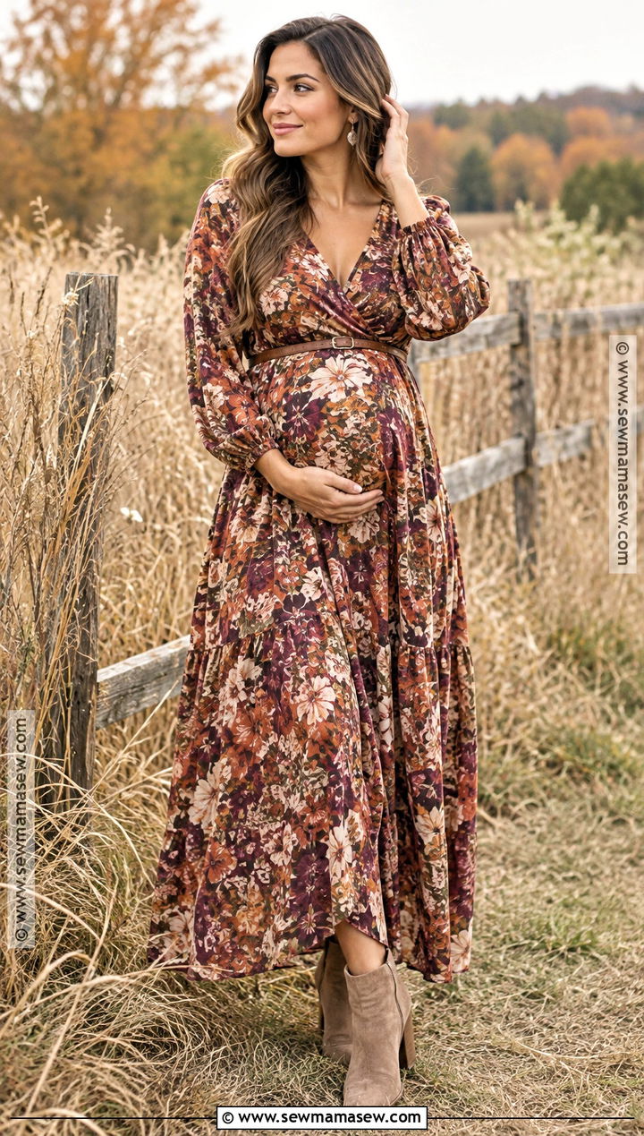 Fall Floral Maternity Maxi Dress With Suede Boots - 15 Maternity Photography Outfits Fall