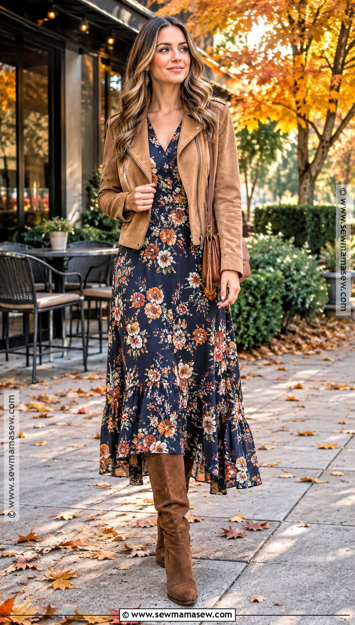 Fall Floral Maxi Dress And Suede Boots Outfit - 20 fall outfits for date night