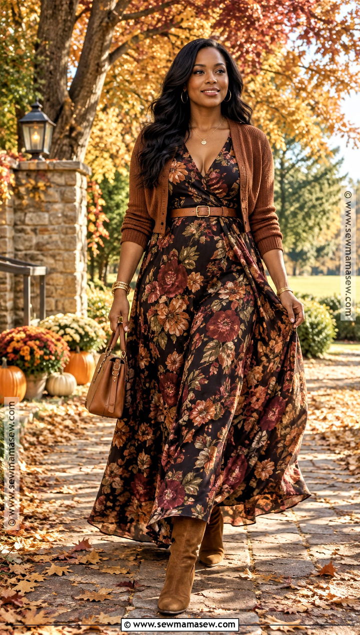 Fall Floral Maxi Dress Thanksgiving Outfit - 15 black woman thanksgiving outfit ideas
