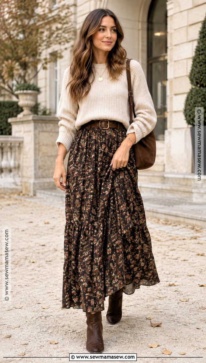 Fall Floral Maxi Dress With Chunky Sweater - 20 fall floral dress ideas
