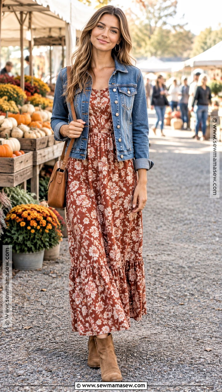 Fall Floral Maxi Dress With Denim Jacket - 15 fall floral maxi dress ideas