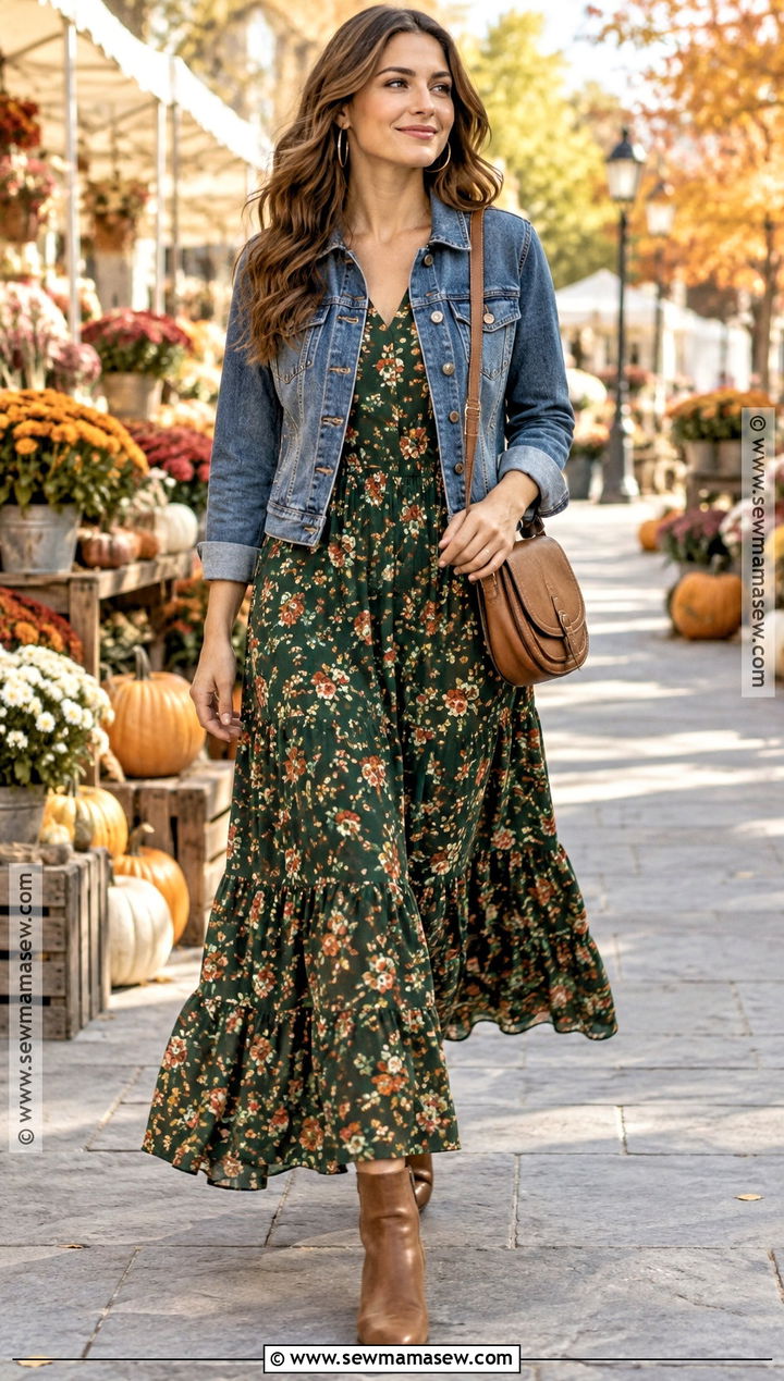 Fall Floral Maxi Dress With Denim Jacket - 15 fall dress attire ideas