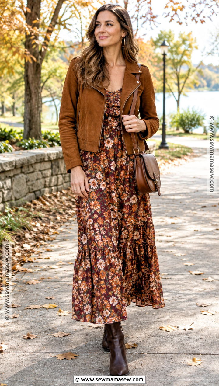Fall Floral Maxi Dress With Suede Jacket - 15 fall floral maxi dress ideas