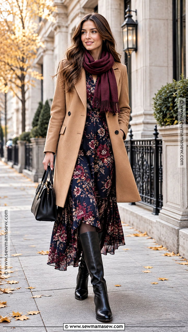 Fall Floral Maxi Dress With Wool Coat - 15 fall floral maxi dress ideas