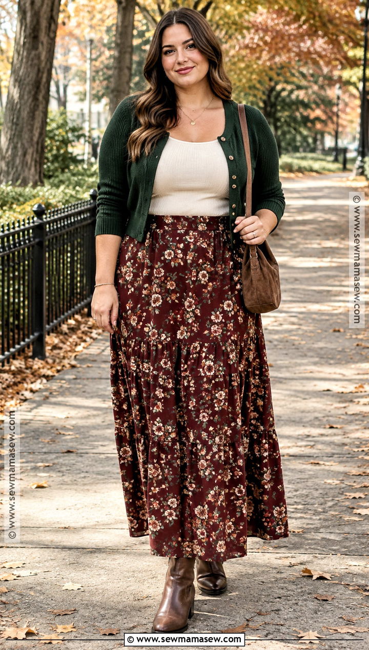 Fall Floral Maxi Skirt With Cardigan And Ankle Boots - 15 maxi skirts fall