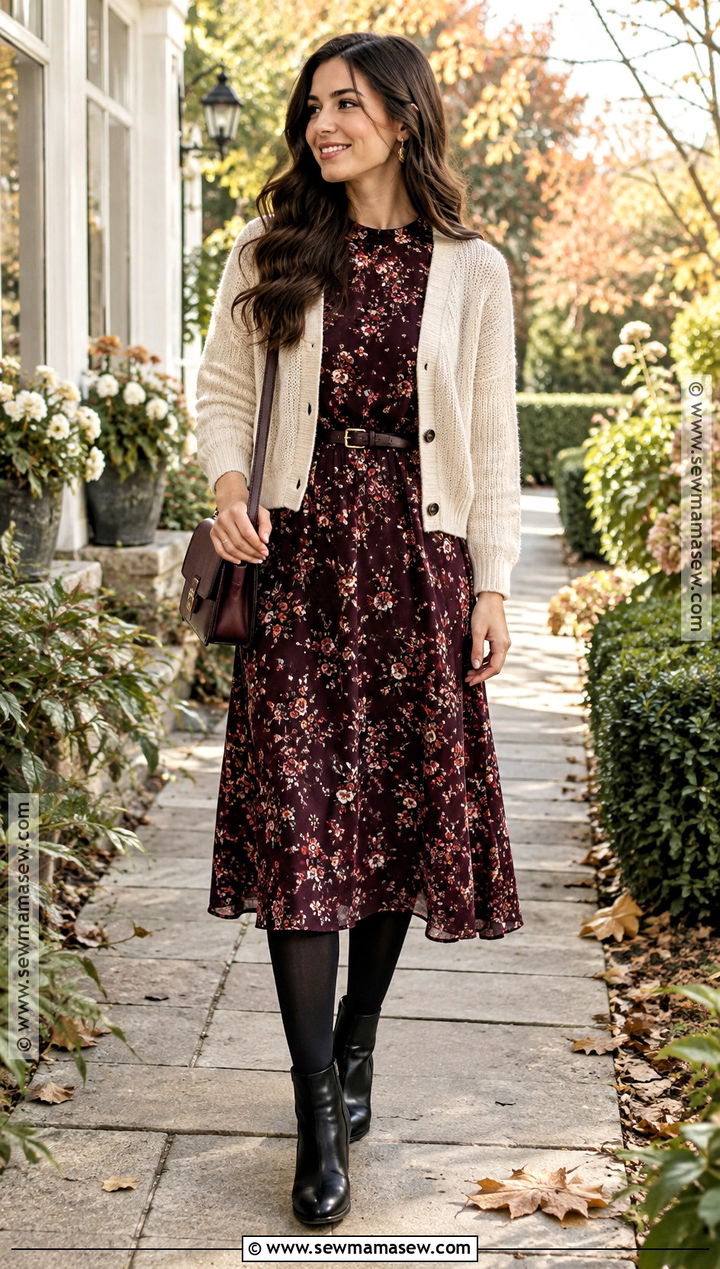 Fall Floral Midi Dress And Boots Outfit - 30 Fall Fashion 2026 Ideas for Women