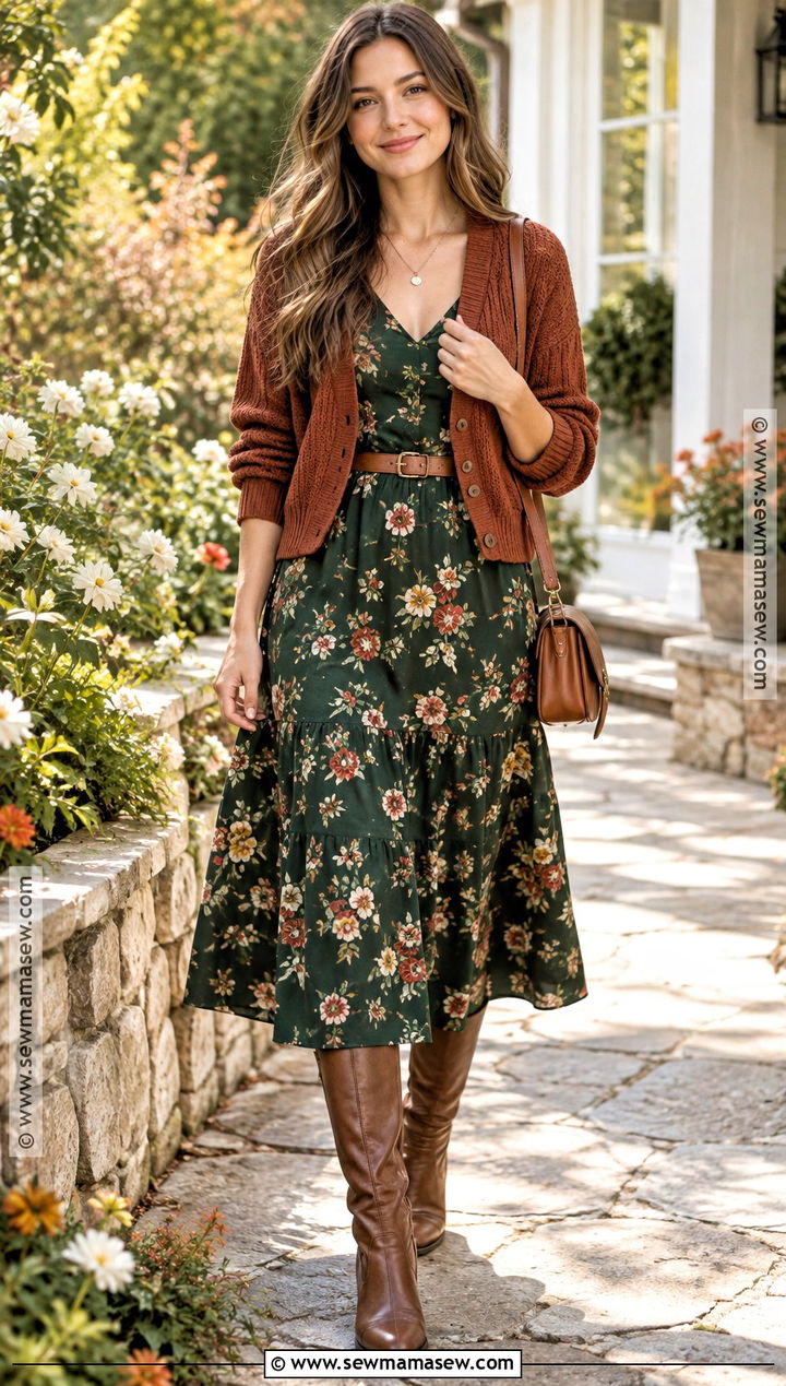 Fall Floral Midi Dress And Cardigan Outfit - 30 fall outfits aesthetic