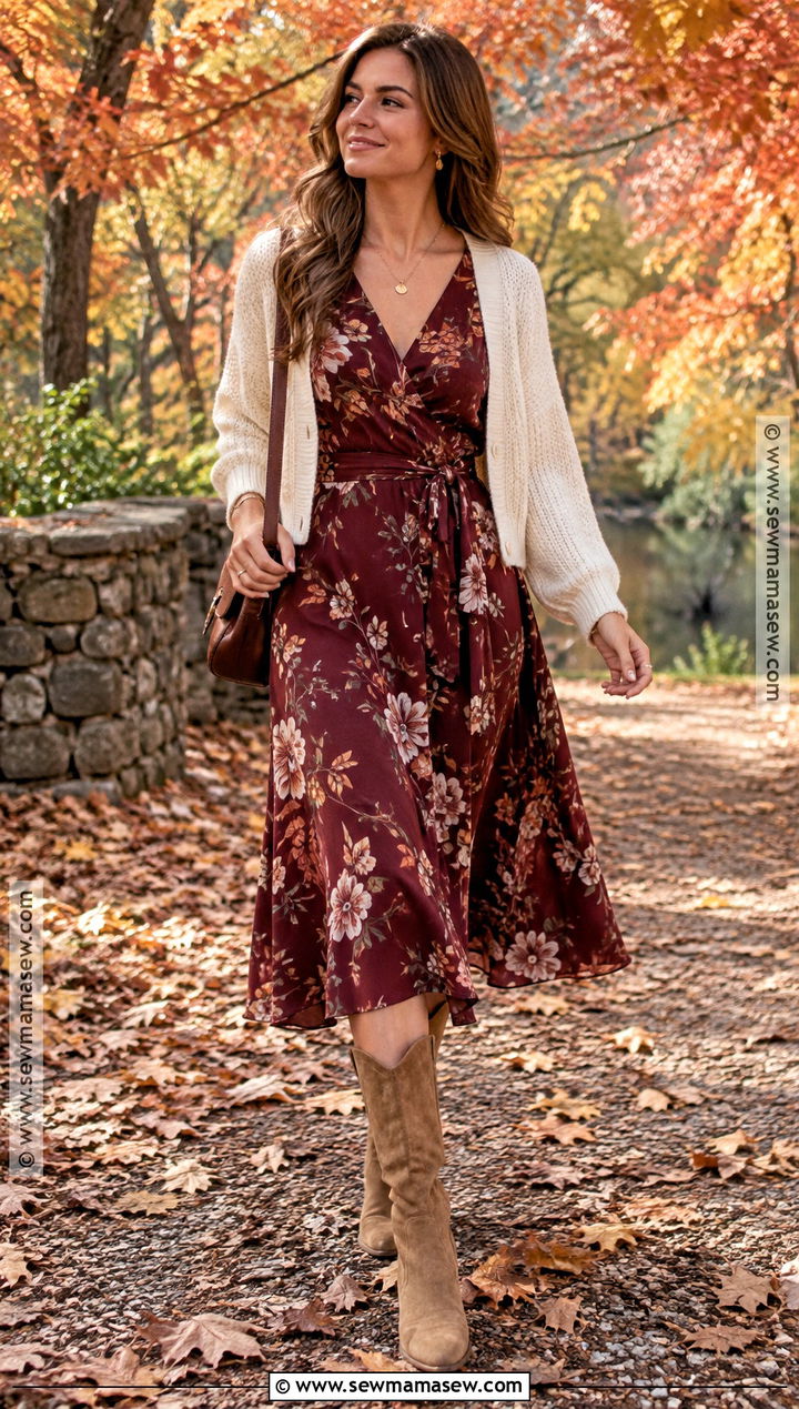 Fall Floral Midi Dress And Suede Boots Outfit - 20 fall pics outfits