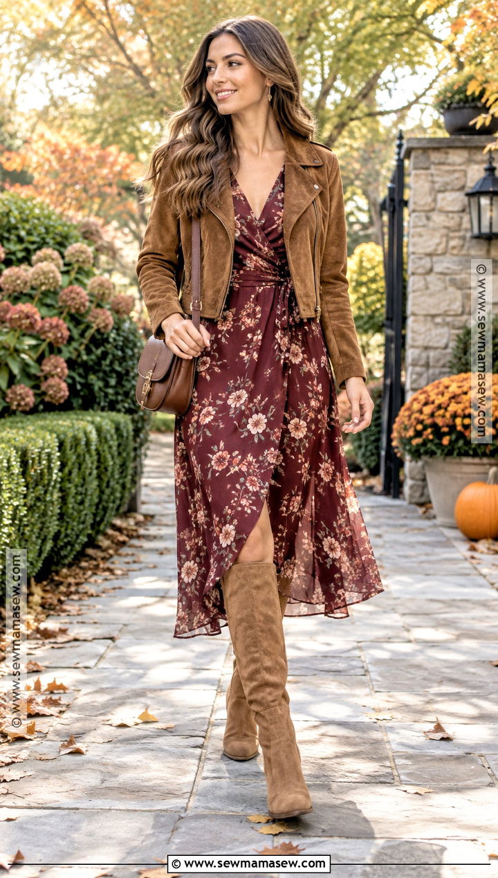 Fall Floral Midi Dress And Suede Boots Outfit - 20 date night outfits fall