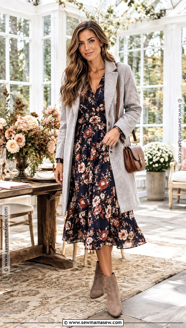 Fall Floral Midi Dress Outfit - 15 fall bridal shower guest outfit ideas