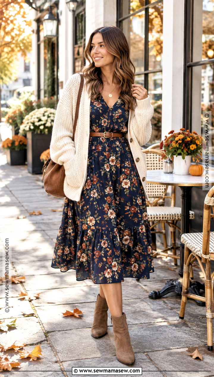 Fall Floral Midi Dress With Cardigan And Boots - 20 dresses for fall