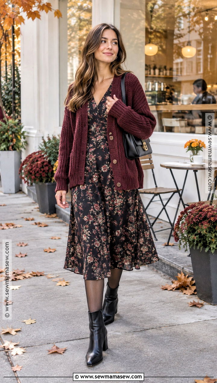 Fall Floral Midi Dress With Cardigan - 15 Casual Dress For Fall Ideas
