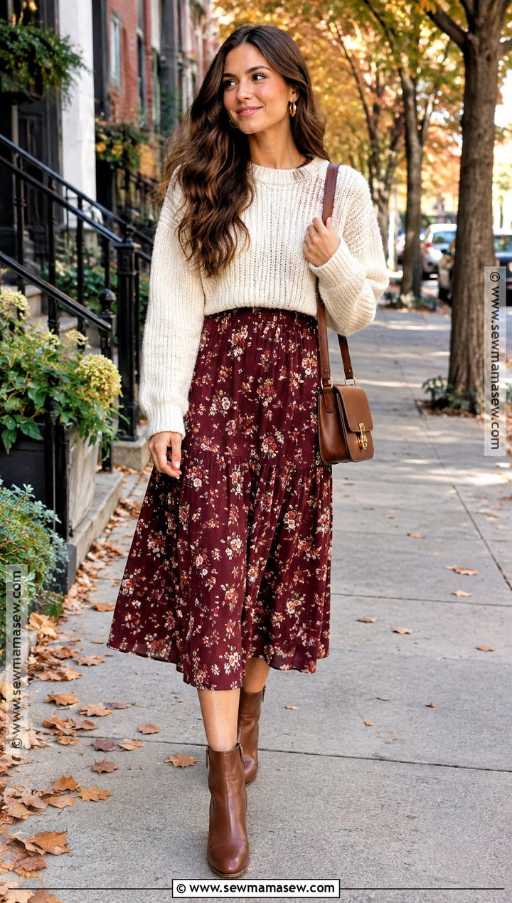 Fall Floral Midi Dress With Cropped Sweater - 15 Fall Dress And Sweater Outfit Ideas