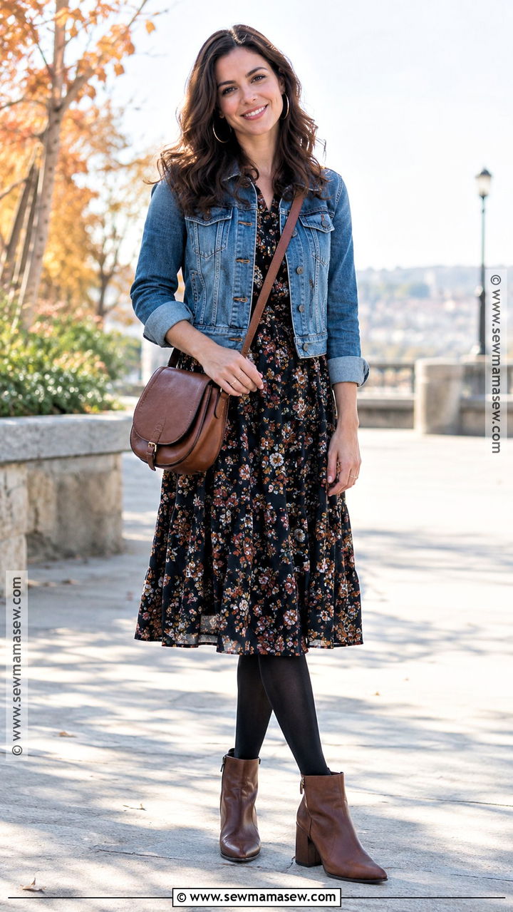 Fall Floral Midi Dress With Denim Jacket - 20 dress outfits fall