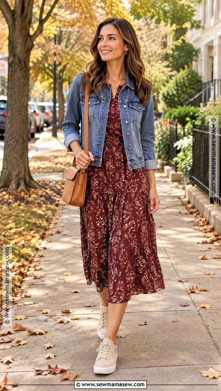 Fall Floral Midi Dress With Denim Jacket - 20 fall dress outfit casual ideas