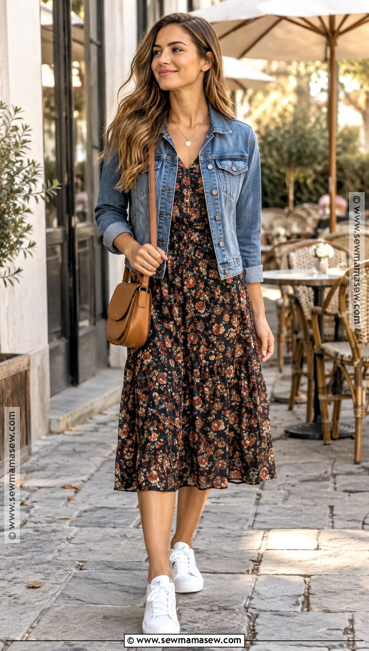 Fall Floral Midi Dress With Denim Jacket - 15 Everyday Dresses Fall