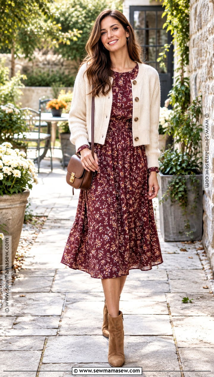 Fall Floral Midi Dress and Ankle Boots Outfit - 15 Fall Womans Outfits 2026