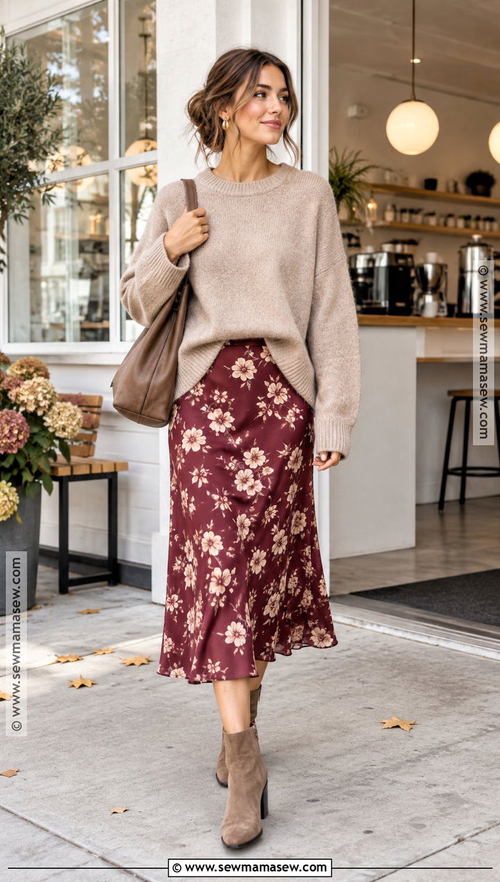 Fall Floral Slip Dress With Oversized Sweater - 15 Fall Flower Dress Outfit Ideas