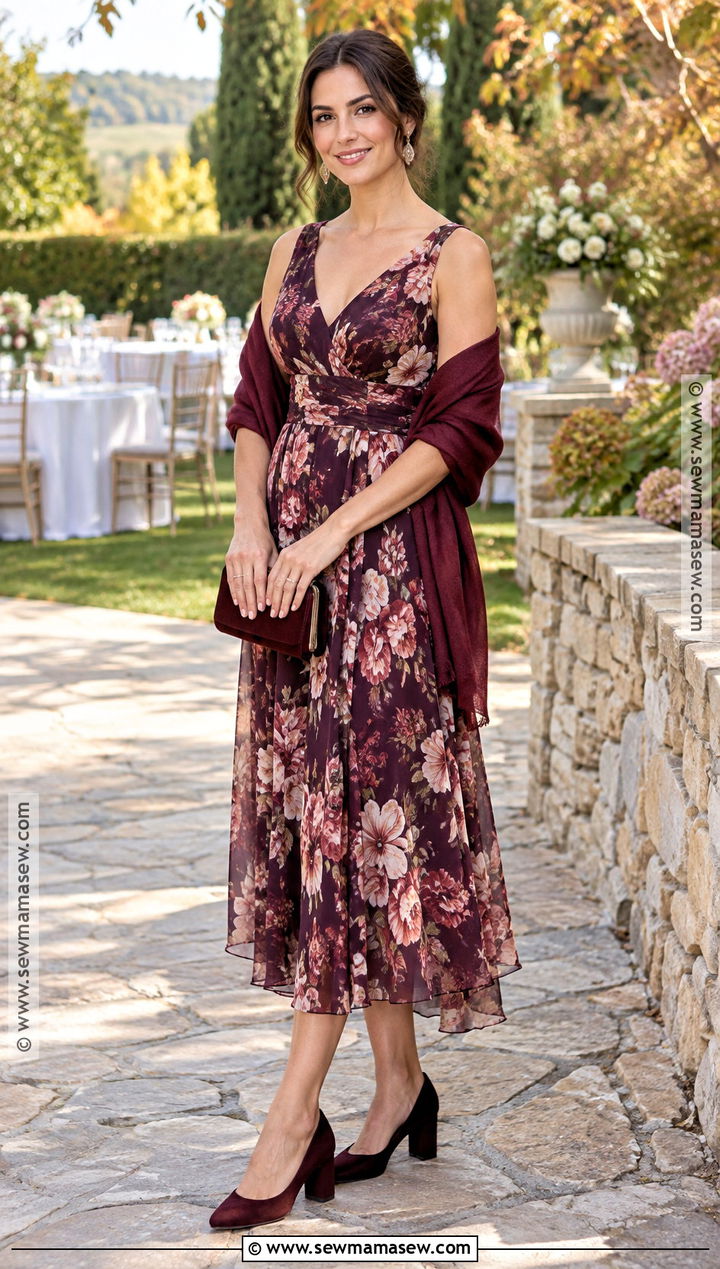 Fall Floral Wedding Guest Dress With Block Heels - 15 Fall Flower Dress Outfit Ideas