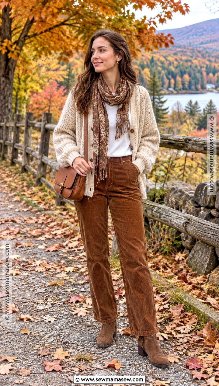 Fall Foliage Outfit With Corduroy Pants And Cardigan - 20 Fall Foliage Outfits for Women