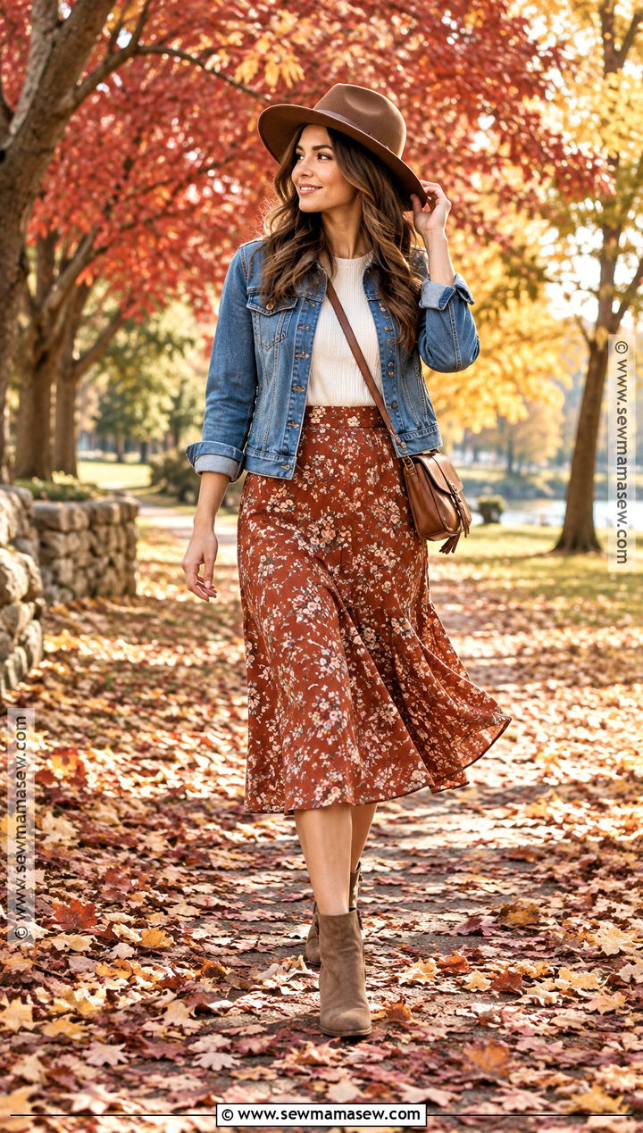 Fall Foliage Outfit With Denim Jacket And Midi Skirt - 20 Fall Foliage Outfits for Women
