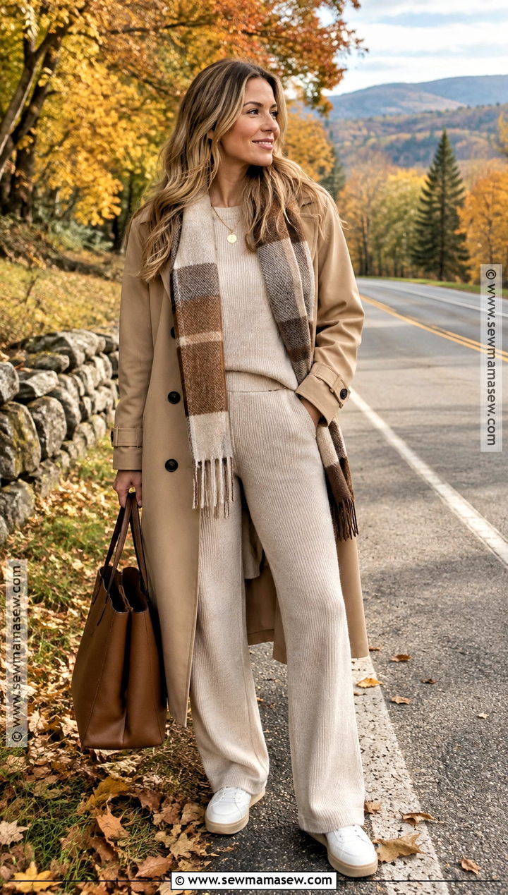Fall Foliage Outfit With Knit Set And Trench Coat - 20 Fall Foliage Outfits for Women