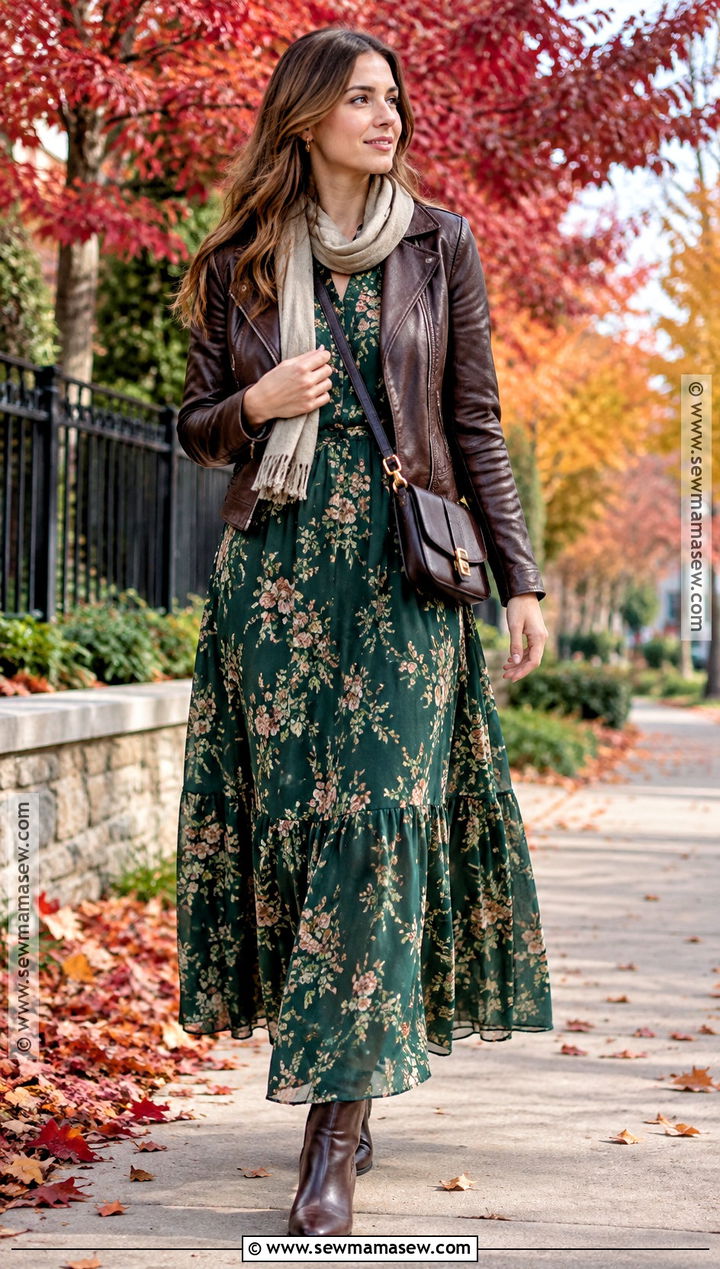 Fall Foliage Outfit With Leather Jacket And Maxi Dress - 20 Fall Foliage Outfits for Women