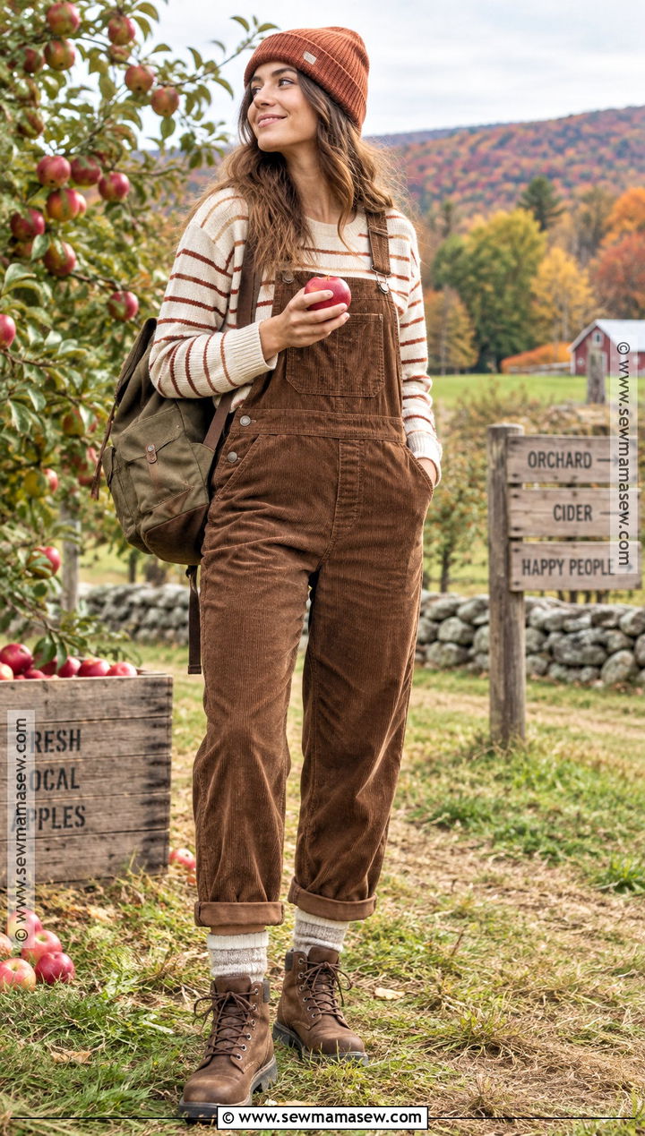 Fall Foliage Outfit With Overalls And Striped Sweater - 20 Fall Foliage Outfits for Women
